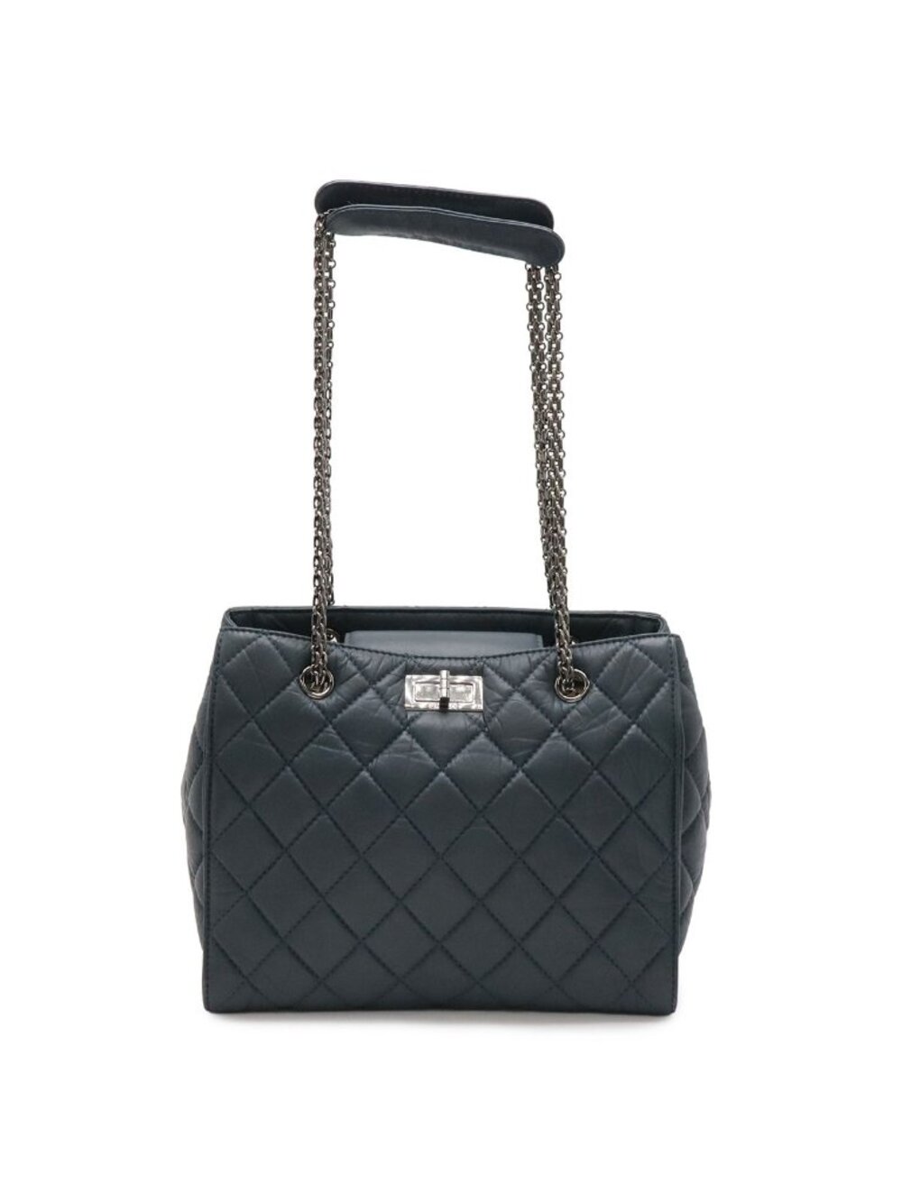Chanel 2.55 Quilted Chain Shoulder Bag Tote Aged Calfskin Leather Blue Silver